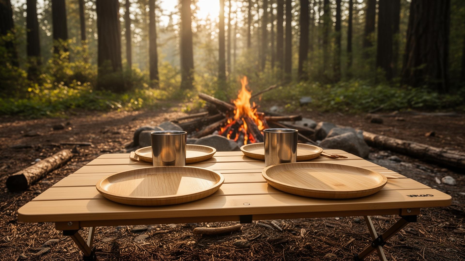 Camping table with eco-friendly tableware