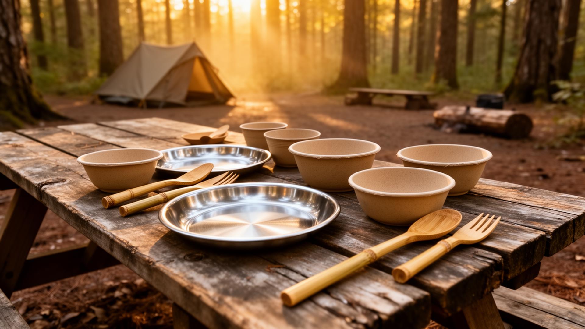 Camping tableware on rustic wooden table